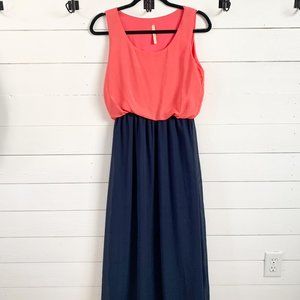 My Beloved Linen Coral and Navy Maxi Dress